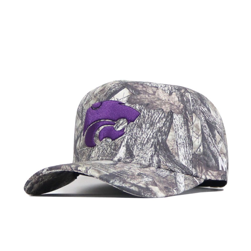 The Kansas State Outland Hat by No Rivals is a snap back cap blending gray, brown, and tan in a woodland camo pattern, featuring a bold purple wildcat logo on the front and made from high-quality cotton with a structured fit.