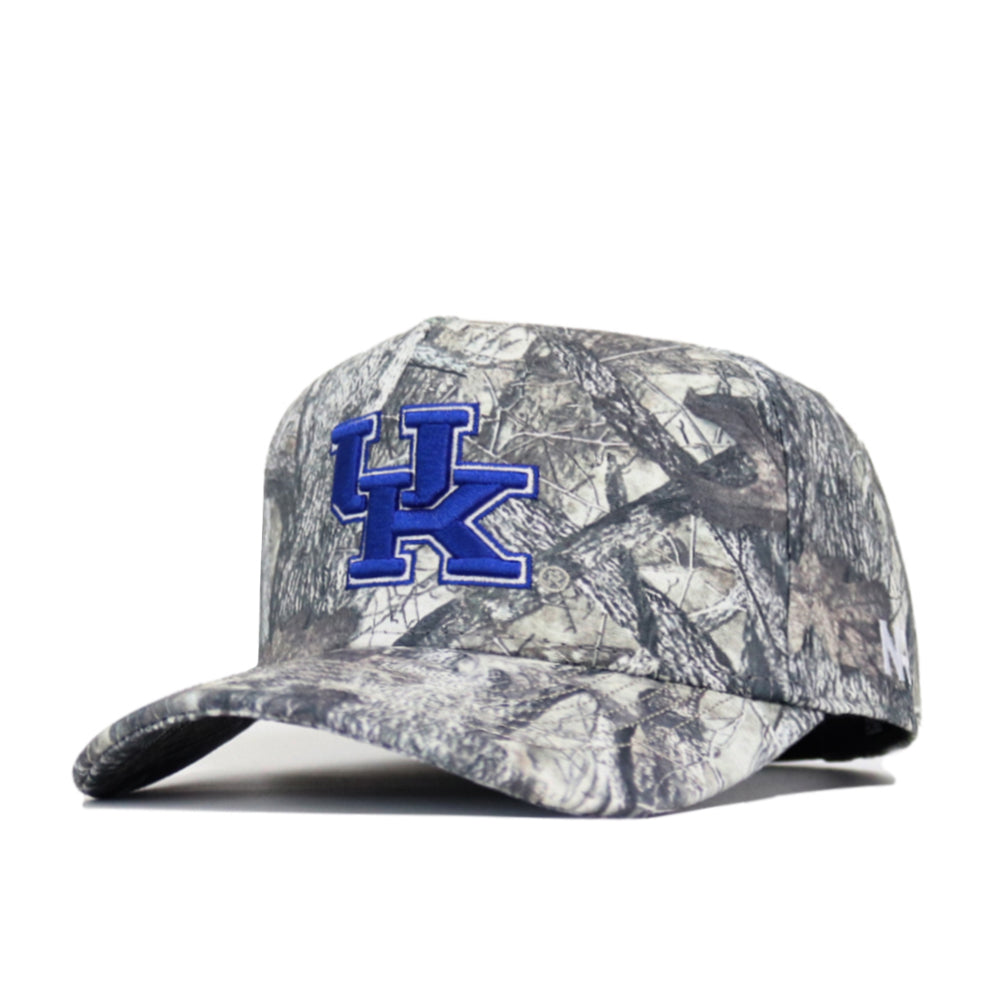 The No Rivals Kentucky Outland Hat features a camo snapback design with a blue UK logo, representing the University of Kentucky. Made from high-quality cotton for a comfortable, structured fit.