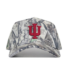 The No Rivals Indiana Outland Hat is a camouflage snapback baseball cap made from high quality cotton, featuring a large red Indiana University logo embroidered on the front for bold school pride.