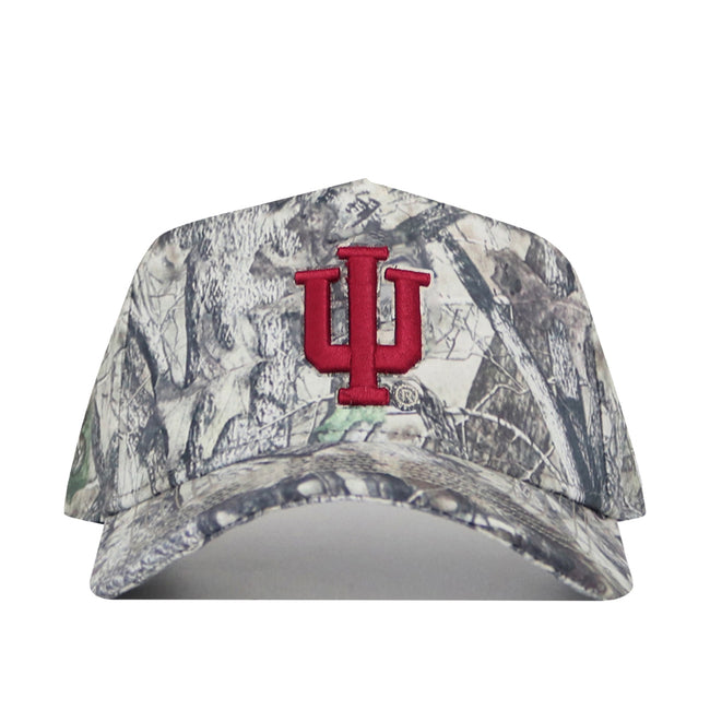 The No Rivals Indiana Outland Hat is a camouflage snapback baseball cap made from high quality cotton, featuring a large red Indiana University logo embroidered on the front for bold school pride.