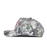 A side view of the No Rivals Indiana Outland Hat, featuring a camouflage pattern, red letter front, and small white side logo. Made from high quality cotton, this snap-back cap rests on a white background.