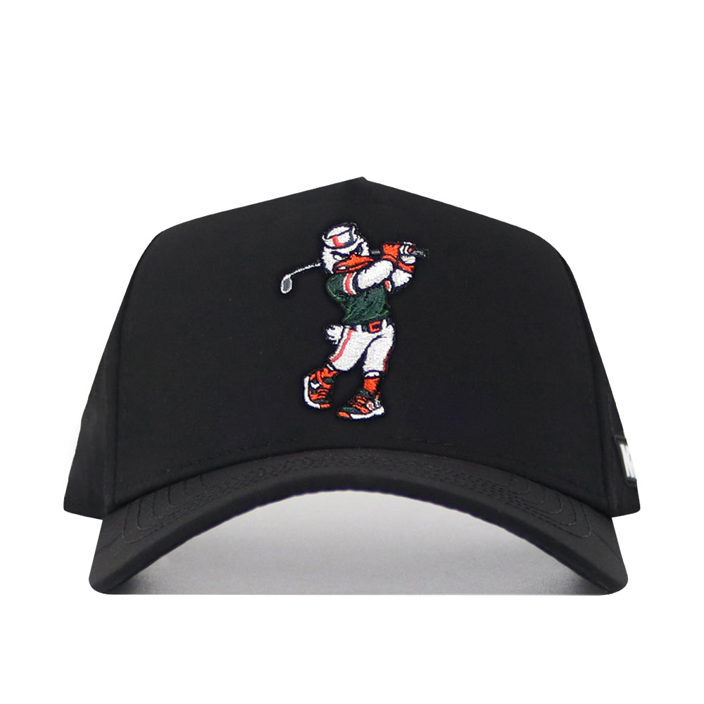 The Miami Golf Hat - Black by No Rivals features embroidered graphics of a cartoon golfer mid-swing in a helmet, green vest, white pants, and red shoes. It includes a classic snap back for easy adjustment.