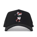 The Miami Golf Hat - Black by No Rivals features embroidered graphics of a cartoon golfer mid-swing in a helmet, green vest, white pants, and red shoes. It includes a classic snap back for easy adjustment.