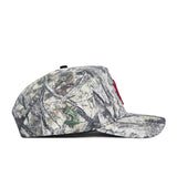 A side view of the No Rivals Indiana Outland Hat, featuring a camouflage snapback design with a flat brim and subtle red front embroidery, made from high-quality cotton and shown against a white background.