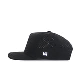 The No Rivals Miami Golf Hat - Black is a stylish flat-brim snapback cap with side ventilation holes and a rectangular patch featuring embroidered NR graphics—perfect for golf.