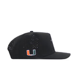 The No Rivals Miami Golf Hat - Black features small ventilation holes, an adjustable snap back, and a vibrant green, orange, and white U logo embroidered on the side for style and comfort.