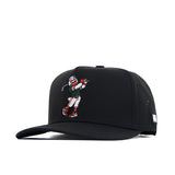The No Rivals Miami Golf Hat - Black is a stylish snapback featuring a flat brim, embroidered football player in red, white, and green mid-throw, plus a logo tag on the left side.