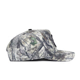 The No Rivals South Carolina Outland Hat is a structured-fit baseball cap with a woodland camouflage pattern in green, brown, and gray. It features a side profile and an adjustable snapback closure for comfort.