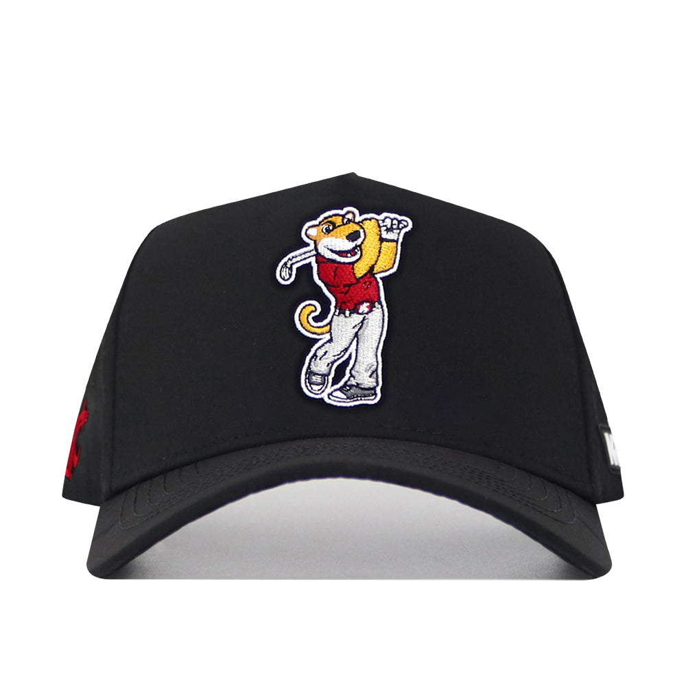 The No Rivals Washington State Golf Hat - Black features a cartoon lion in a red shirt and white pants swinging a golf club, embroidered on the front. Classic snapback design delivers the perfect golf hat style.
