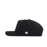 The No Rivals Washington State Golf Hat in black is shown from the side, featuring small ventilation holes and a white NR logo patch near the back.