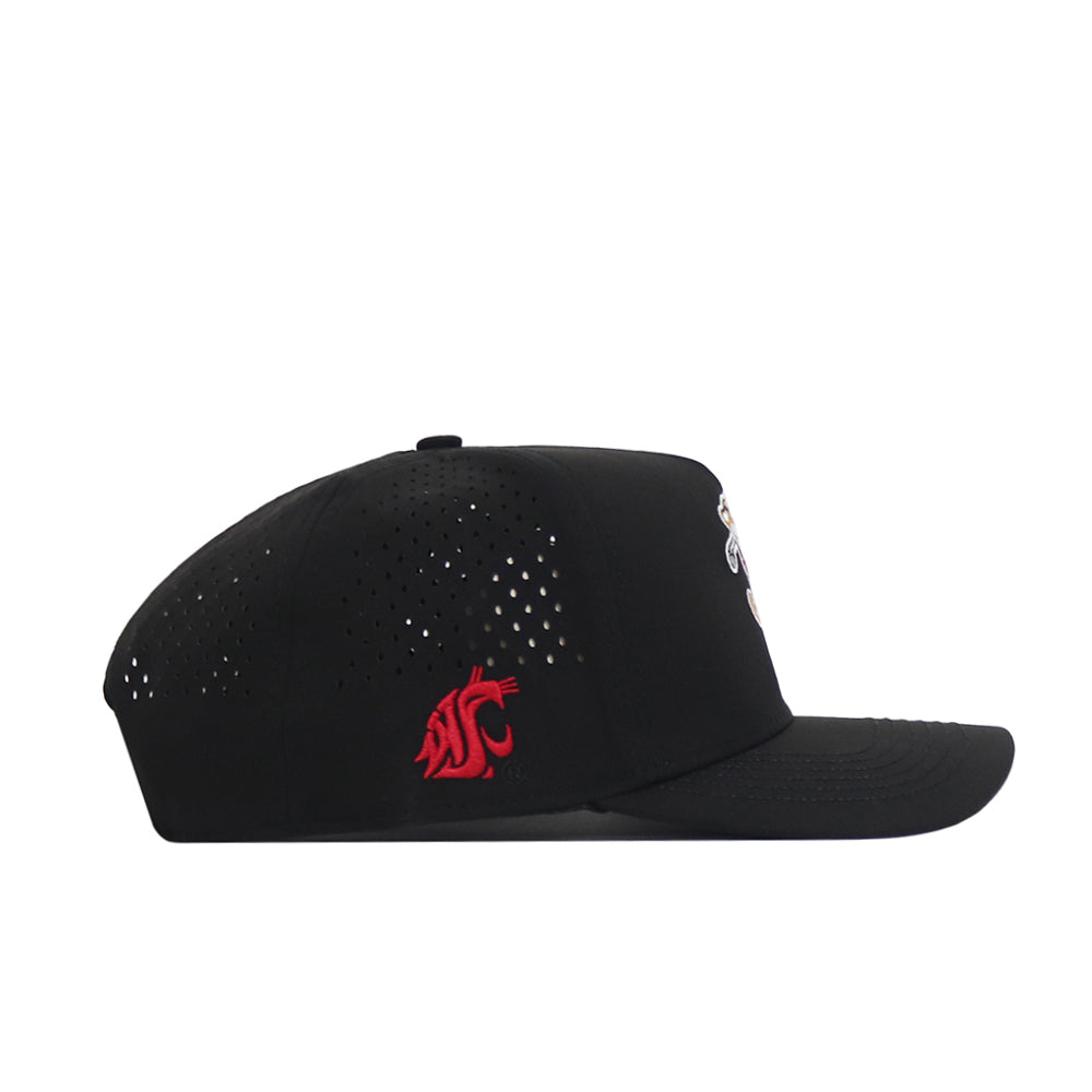 The No Rivals Washington State Golf Hat - Black features perforated side panels, a flat bill, and an embroidered red cougar logo on the side, shown in a side profile view.