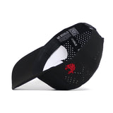 The No Rivals Washington State Golf Hat in black is a snapback baseball cap shown sideways to reveal its ventilated, perforated interior and labels. It features a small red dragon embroidered logo on the side and a curved brim.