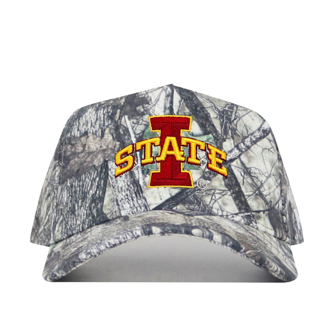 The No Rivals Iowa State Outland Hat is a structured cotton snapback featuring a camouflage design and a large red "I" with yellow STATE lettering, embroidered on the front.