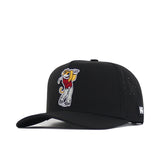 The No Rivals Washington State Golf Hat - Black features a cartoon lion in red and gray swinging a golf club, embroidered on the front. This snapback cap includes side ventilation holes and a small logo on the brim’s edge.