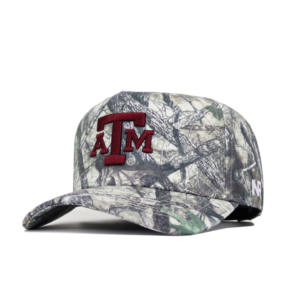 The No Rivals Texas A&M Outland Hat is a camouflage cotton baseball cap with a large maroon ATM logo, curved bill, structured fit, and embroidered front design for Texas A&M University fans.
