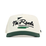 The No Rivals Golf Hat - 2 Tone by No Rivals is a white and green snapback featuring embroidered "Premier Golf Association," a green golf flag, and putting green graphic on the front.