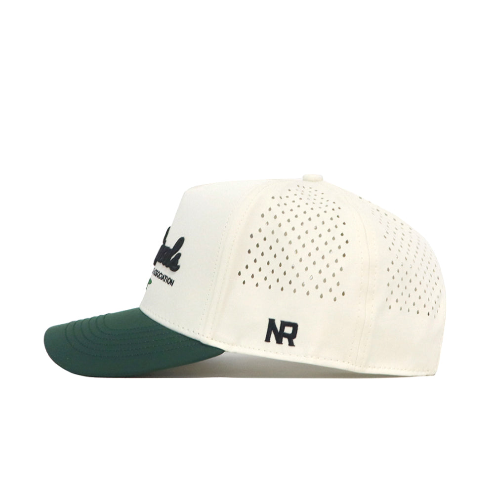 The No Rivals Golf Hat - 2 Tone Clubhouse features a white and green design with a snapback closure, perforated back panel for ventilation, black NR letters on the side, a curved green brim, and a partially visible black embroidered front logo.