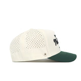 The No Rivals Golf Hat - 2 Tone Clubhouse by No Rivals features a white and green design, perforated side panels, green brim, black embroidered front logo, adjustable snapback closure, and is shown in a side profile view.