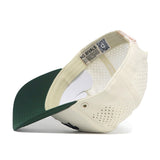 The No Rivals Golf Hat - 2 Tone Clubhouse is displayed upside down, showing its interior mesh back, snapback adjustable strap, a NO RIVALS label with a QR code, and an embroidered logo for added style.