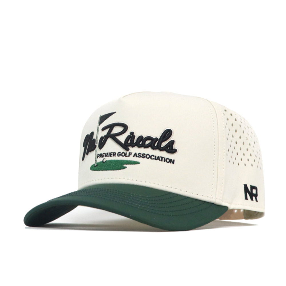 The No Rivals Golf Hat - 2 Tone Clubhouse by No Rivals is a white and green snapback hat with "No Rivals Premier Golf Association" embroidered on the front, "NR" on the side, and side ventilation holes for comfort.