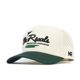 The No Rivals Golf Hat - 2 Tone Clubhouse by No Rivals is a white and green snapback hat with "No Rivals Premier Golf Association" embroidered on the front, "NR" on the side, and side ventilation holes for comfort.