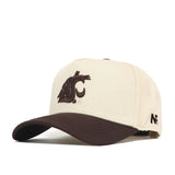 The Washington State Espresso Hat by No Rivals is a beige snapback with a brown brim, showcasing an embroidered cougar head on the front and an N4 symbol on the side—perfect for gameday style and comfort.