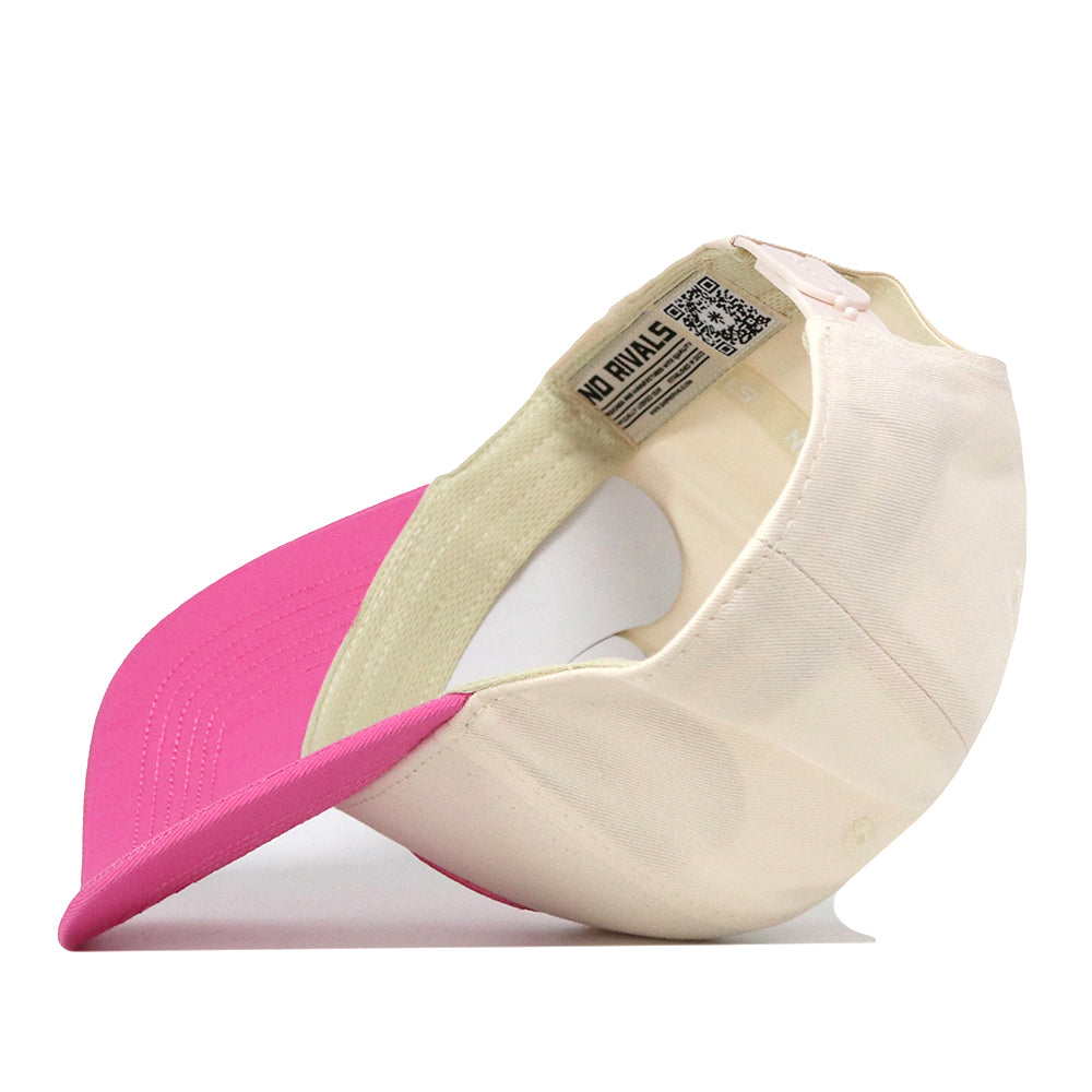 Introducing the Florida Pink Out Hat by No Rivals—a two-tone baseball cap featuring a white crown and a pink brim, displayed upside down to reveal its interior NO RIVALS label. This officially licensed snapback seamlessly blends style with authenticity.
