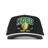 Check out the NDSU Golf Hat - Black from No Rivals, featuring an embroidered NDSU logo with a bison head, crossed golf clubs, and “Bison Golf” stitched in green, yellow, and white on the front. This snapback is the perfect addition to your gameday outfit.