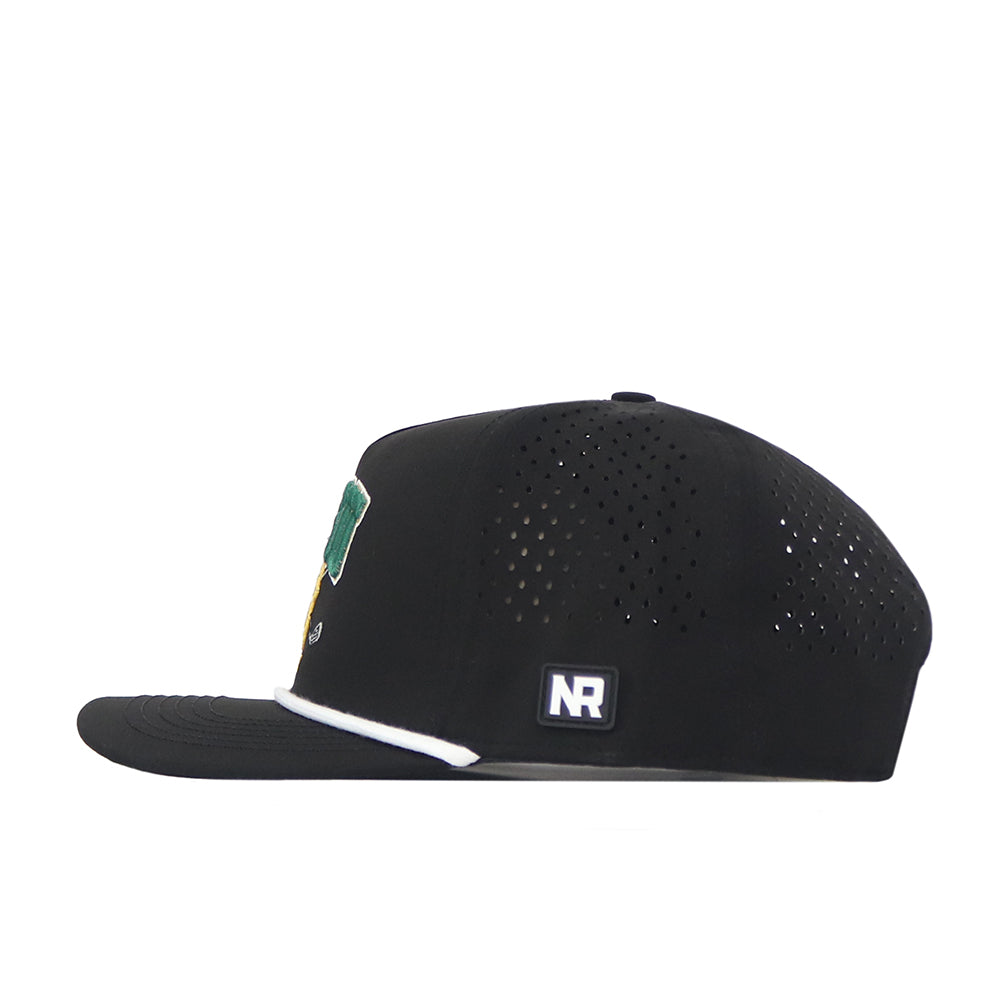 The No Rivals NDSU Golf Hat in black features a flat brim, small ventilation holes, a crisp white NR embroidered logo patch on the side, and a green, yellow, and white patch partially visible on the front—ideal for taking your gameday look to the next level.