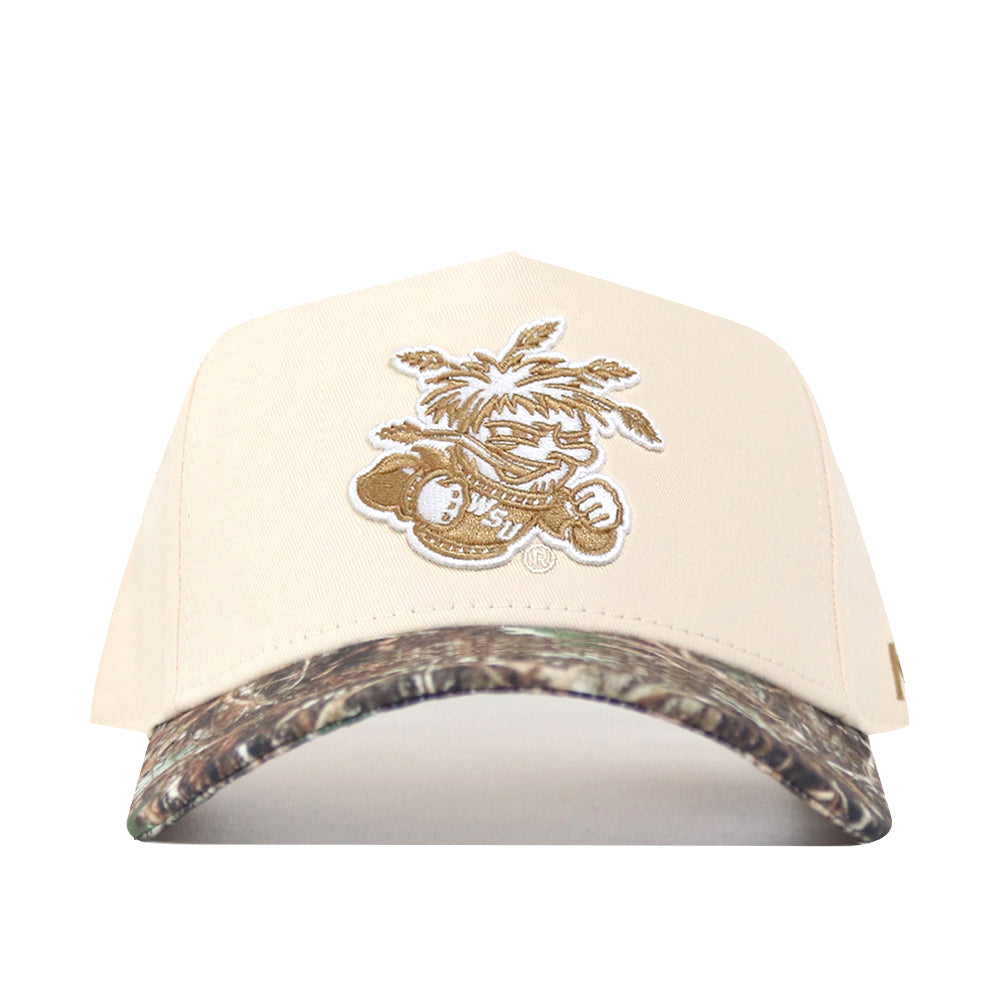 Show your gameday spirit with the Wichita State Camo Connector Hat by No Rivals—features an embroidered cartoon front, camo curved brim, and adjustable snapback closure.
