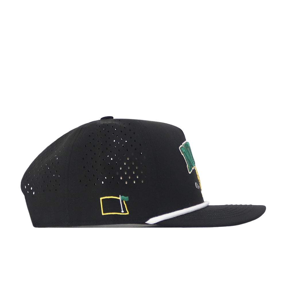 Introducing the NDSU Golf Hat - Black by No Rivals: This sleek black cap features a small yellow and green flag embroidered on the side, complemented by a bold green and yellow embroidered logo on the front panel. Designed for comfort with ventilation holes, it also sports a sharp white trim above the brim and an adjustable snapback closure for the perfect fit on gameday.