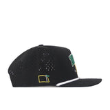 Introducing the NDSU Golf Hat - Black by No Rivals: This sleek black cap features a small yellow and green flag embroidered on the side, complemented by a bold green and yellow embroidered logo on the front panel. Designed for comfort with ventilation holes, it also sports a sharp white trim above the brim and an adjustable snapback closure for the perfect fit on gameday.