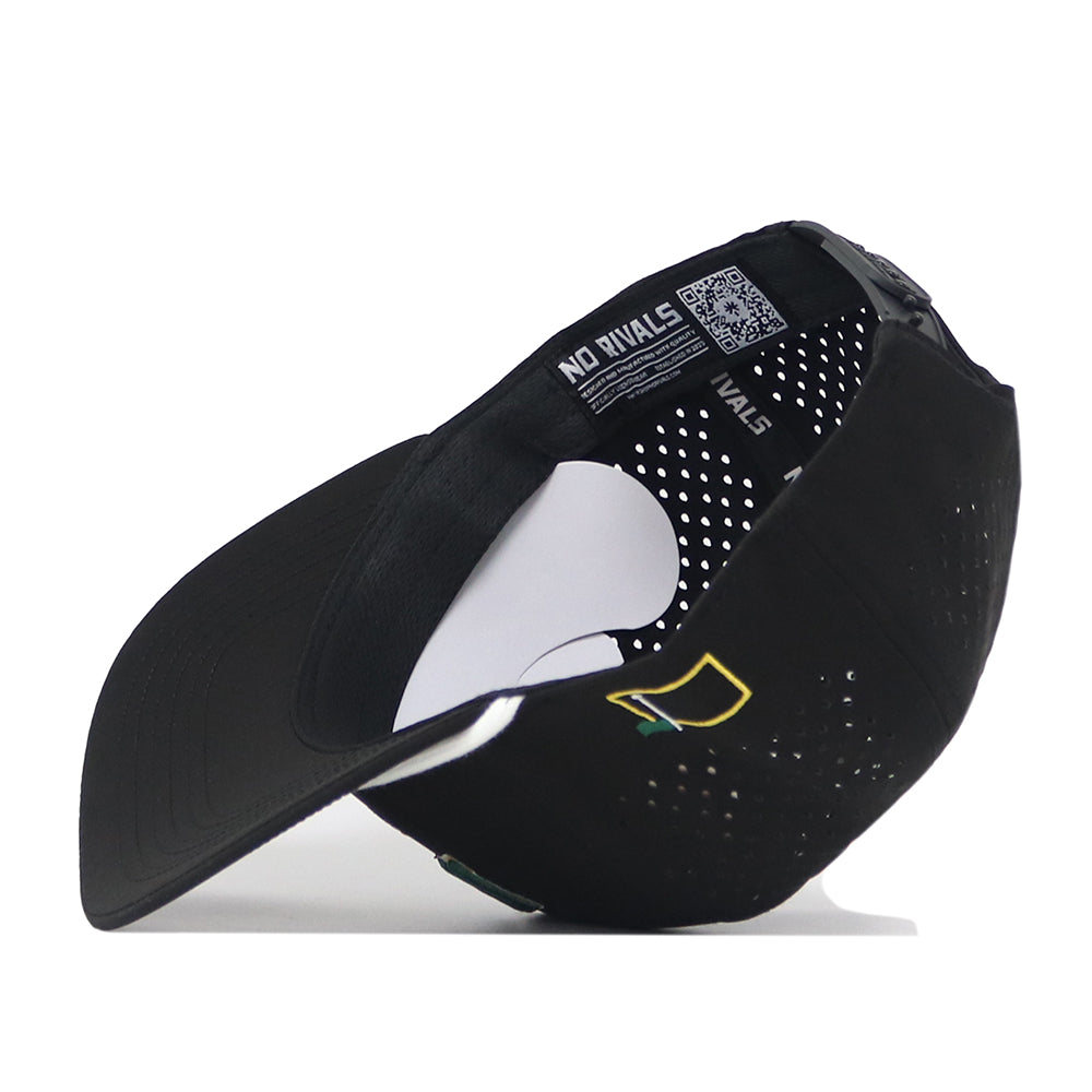 The NDSU Golf Hat - Black by No Rivals is turned inside out, revealing the inner lining, adjustable snap back strap, ventilation holes, and a glimpse of the embroidered logo on the front—perfect details for your ultimate gameday fit.