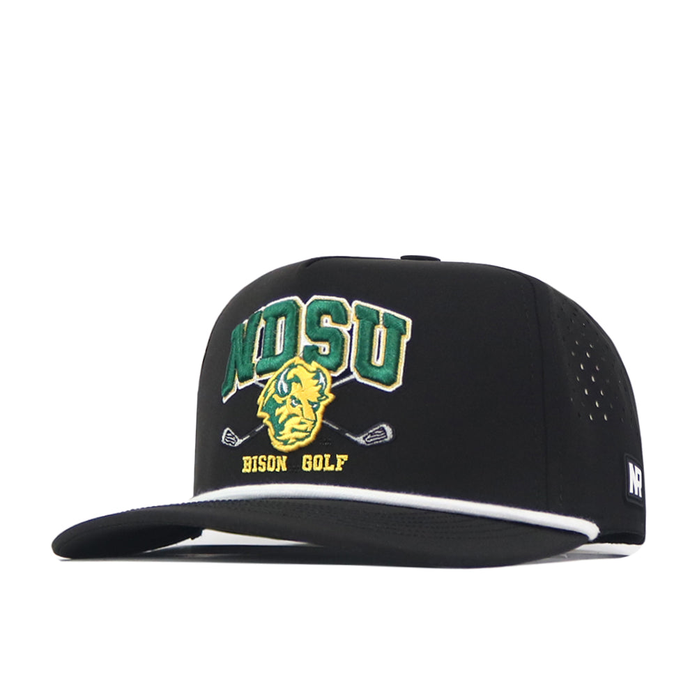 The NDSU Golf Hat - Black by No Rivals showcases “NDSU” and “Bison Golf” embroidered in green and yellow, with a bison and crossed golf clubs logo on the front. White piping highlights the brim for a crisp touch—an ideal pick for your gameday look.