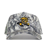 The Wichita State Outland Hat by No Rivals is a gray camo snapback with a yellow and black WSU mascot on the front and an embroidered logo—perfect for your gameday style.