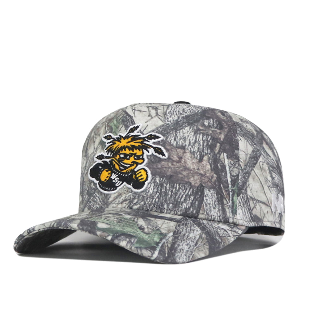 The Wichita State Outland Hat by No Rivals features a camo print and an embroidered yellow, black, and white mascot logo—an essential snap back for your perfect gameday fit.