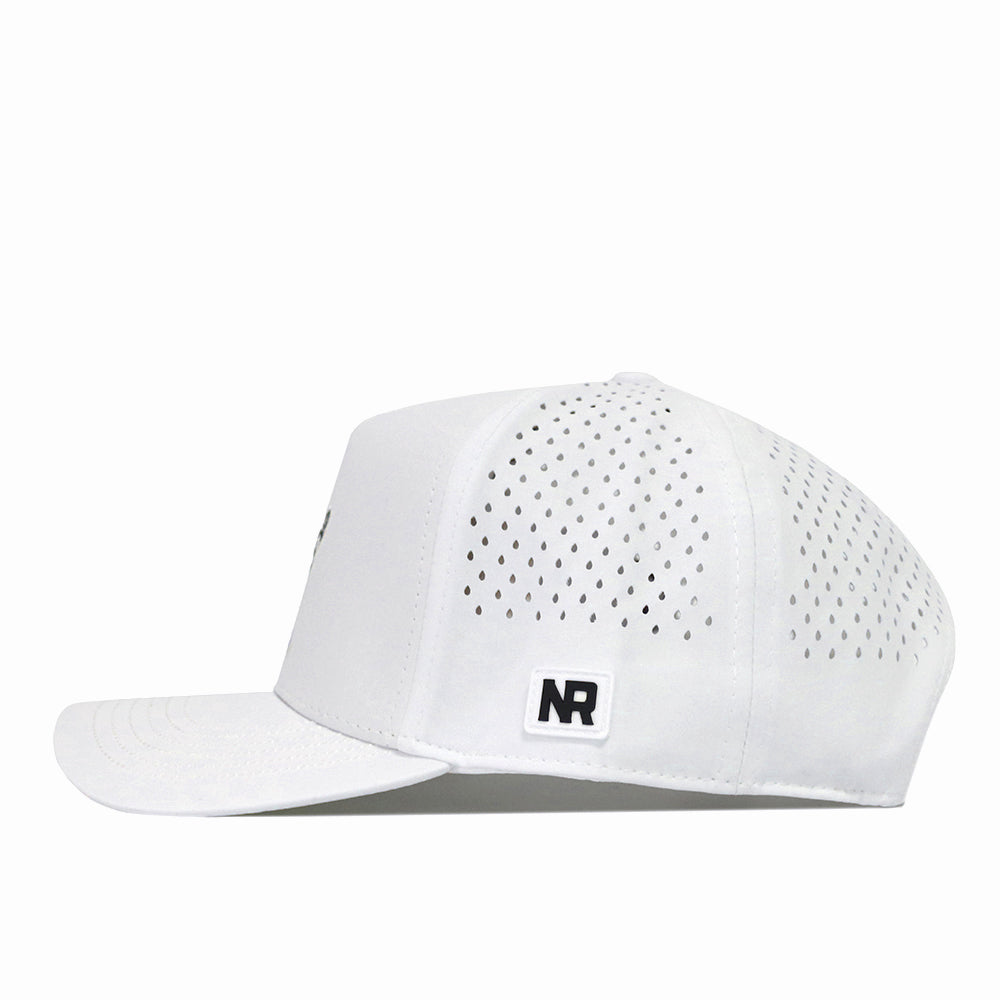 A South Carolina Gamecocks Football Mascot Hat in white by No Rivals, crafted from performance fabric with side ventilation holes and an NR logo patch near the back, featuring a snapback closure, displayed in a side profile against a white background.