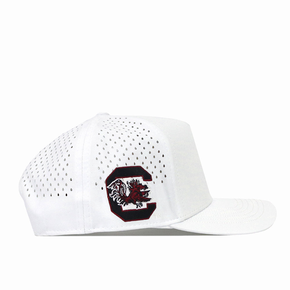 The No Rivals South Carolina Gamecocks Football Mascot Hat in white features perforated side panels, is crafted from performance fabric, and displays the officially licensed University of South Carolina Gamecocks logo on the front left panel.