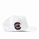 The No Rivals South Carolina Gamecocks Football Mascot Hat in white features perforated side panels, is crafted from performance fabric, and displays the officially licensed University of South Carolina Gamecocks logo on the front left panel.