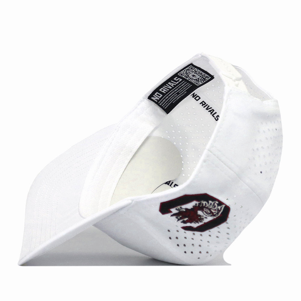 The South Carolina Gamecocks Football Mascot Hat - White by No Rivals is displayed flipped over, revealing the inner band with NO RIVALS printed on it. This officially licensed cap features a classic snap back design for an adjustable fit and showcases the Gamecock logo on the side.