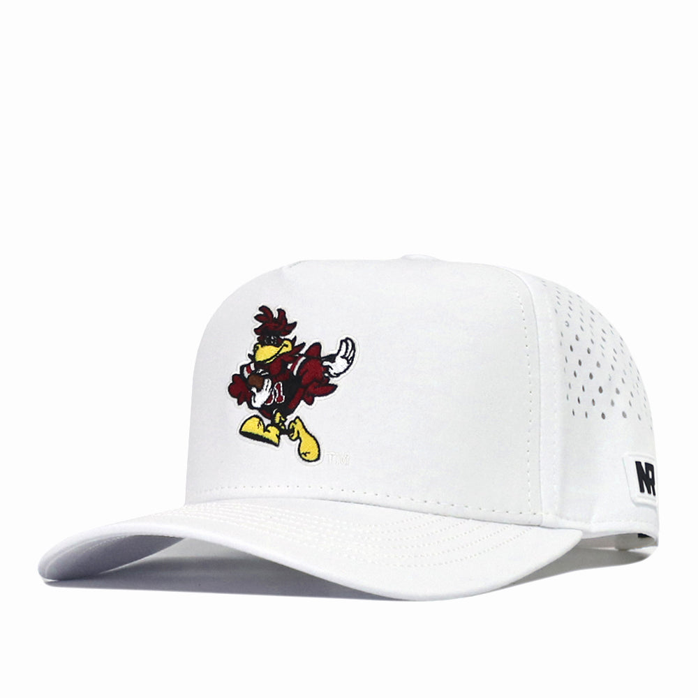 Introducing the South Carolina Gamecocks Football Mascot Hat in white by No Rivals. This snapback cap features a cartoon Gamecocks mascot logo on the front and small ventilation holes on the sides. Made from performance fabric, it sports a flat brim and is finished with a black and white rectangular No Rivals tag on the side.