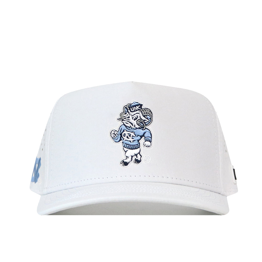 The North Carolina Tar Heels Mascot Hat - White by No Rivals features the iconic Rameses mascot embroidered in blue and white on the front. This stylish hat offers a comfortable fit and classic look, perfect for any University of North Carolina fan.