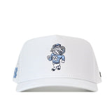 The North Carolina Tar Heels Mascot Hat - White by No Rivals features the iconic Rameses mascot embroidered in blue and white on the front. This stylish hat offers a comfortable fit and classic look, perfect for any University of North Carolina fan.