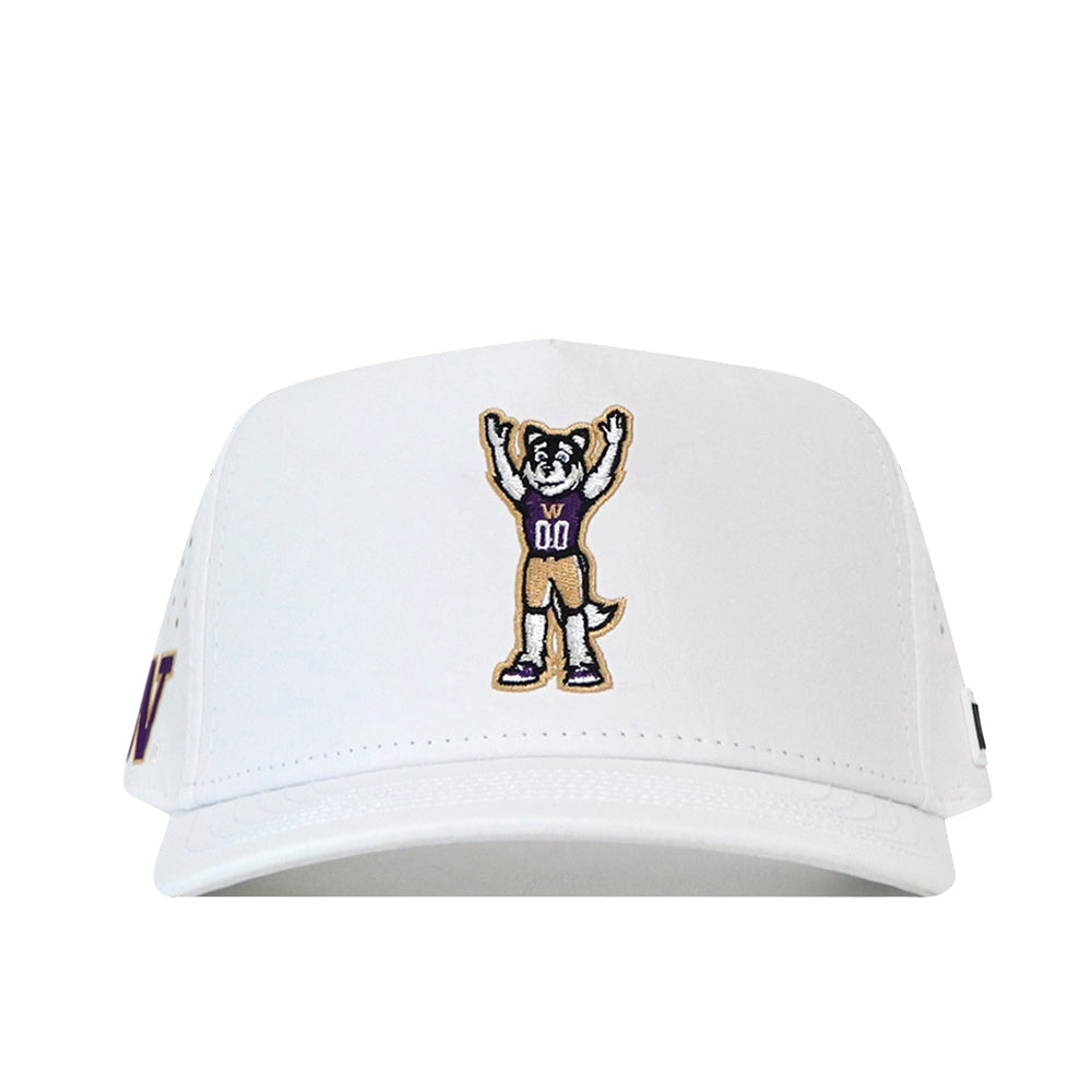 Presenting the Washington Huskies Football Mascot Hat - White by No Rivals: This white baseball cap is crafted from performance fabric and showcases an embroidered cartoon dog mascot in a purple jersey with raised arms on the front center. It features a snap back closure for adjustable comfort.