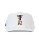 Presenting the Washington Huskies Football Mascot Hat - White by No Rivals: This white baseball cap is crafted from performance fabric and showcases an embroidered cartoon dog mascot in a purple jersey with raised arms on the front center. It features a snap back closure for adjustable comfort.