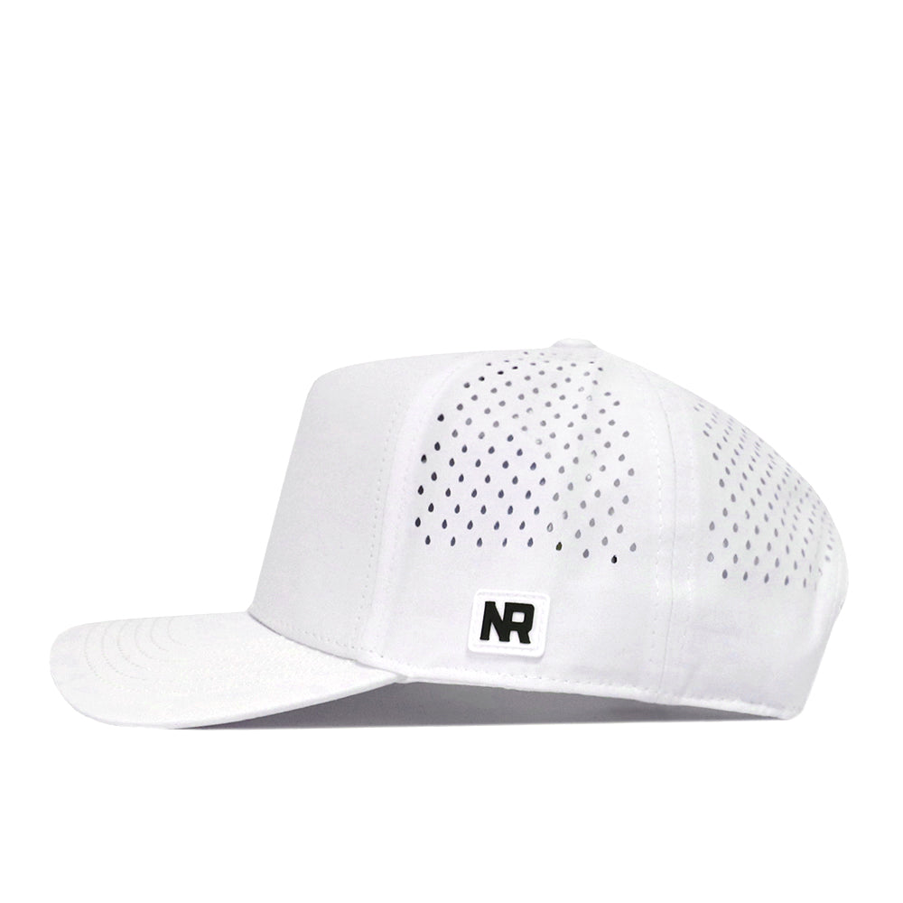 A white Washington Huskies Football Mascot Hat by No Rivals, featuring a flat brim, side panel perforations for ventilation, an adjustable snap back closure, and an NR embroidered logo patch on the side.