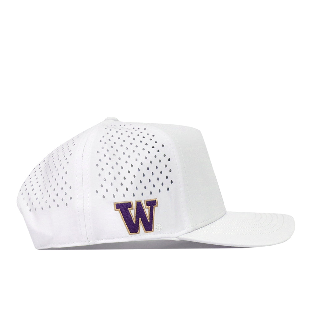 The No Rivals Washington Huskies Football Mascot Hat in white is crafted from performance fabric and features ventilation holes, with a purple W logo outlined in gold embroidered on the side.