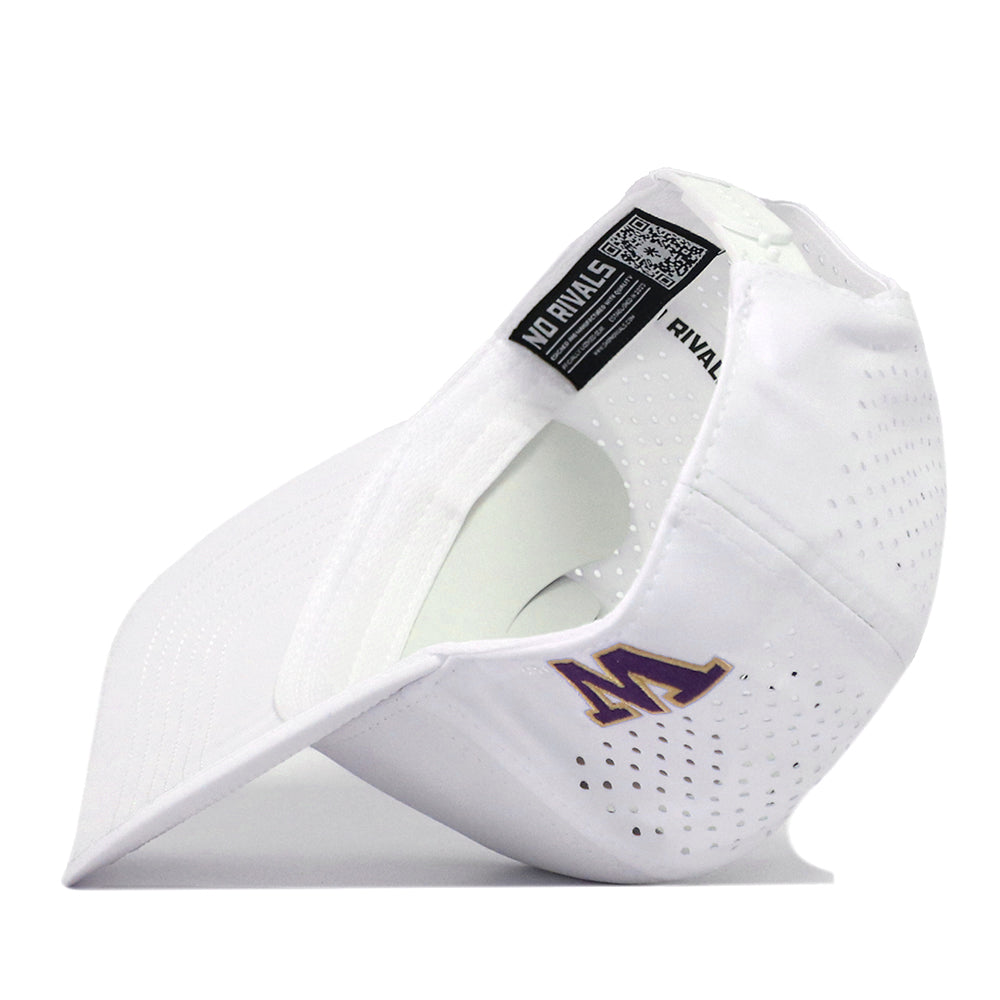 Showcasing the Washington Huskies Football Mascot Hat in white by No Rivals, this snapback cap features breathable perforated sides, a bold purple and gold embroidered M logo on the side, and an interior label that reads “MD RIVALS.” Crafted from performance fabric, the cap is displayed to highlight both its interior and distinctive side details.