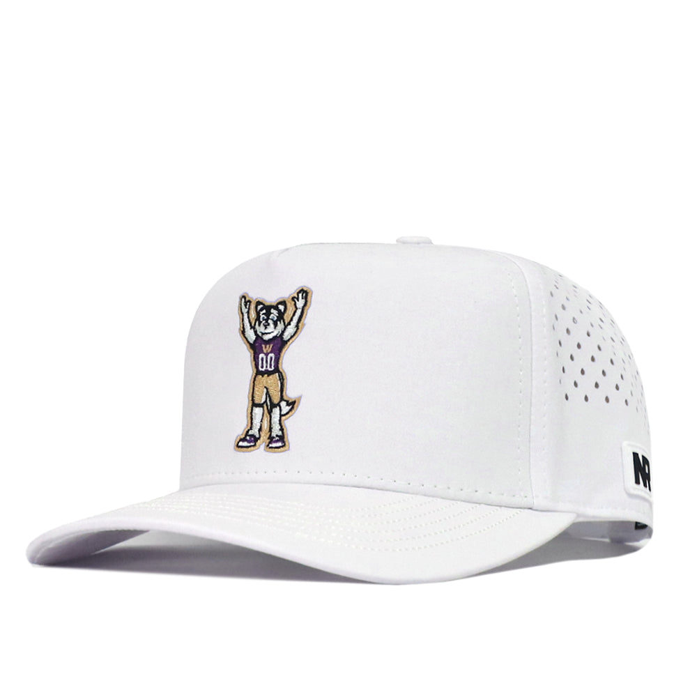The Washington Huskies Football Mascot Hat in white by No Rivals features an embroidered cartoon dog mascot raising its arms and sporting a purple jersey. Crafted from performance fabric, this baseball cap includes ventilation holes for enhanced breathability and is finished with a small black-and-white rectangular embroidered No Rivals logo on the side.