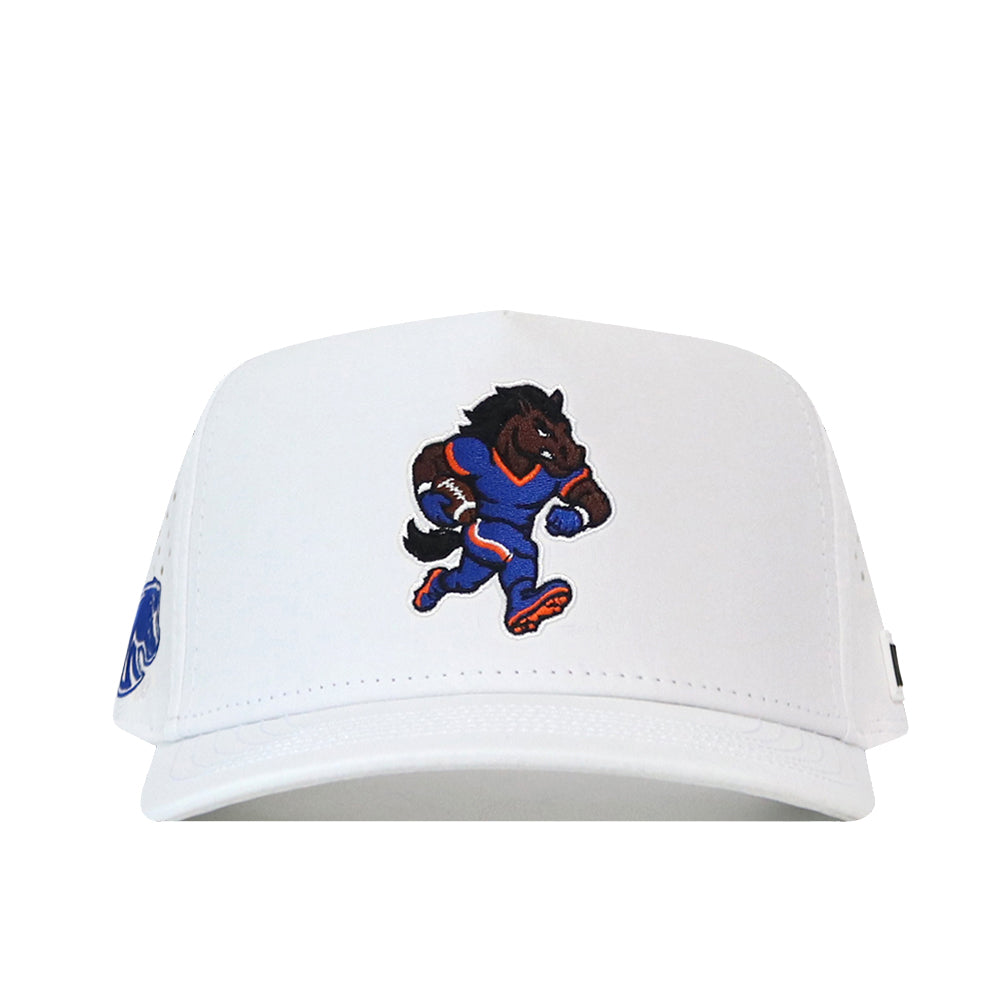 The Boise State Football Hat - White by No Rivals is a high quality cotton baseball cap featuring an embroidered logo on the front and a cartoon horse mascot in a blue sports uniform running, complete with a convenient snap back adjustment for the perfect fit.